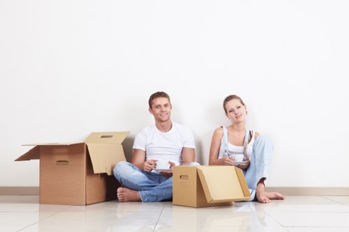Packed boxes and furniture prepared for a Mortlake house move